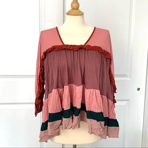 NWOT Urban Outfitter’s Pink and Red Tiered Boho Blouse Top Size Small
